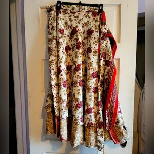 Floral Sari Wrap Skirt - Red and Cream